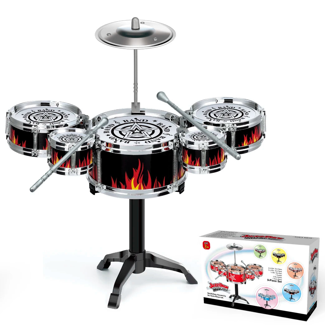 A kids jazz drum set with multiple plastic percussion instruments mounted on a stand for early music learning.