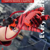 A hand wearing red gloves is firing a red wrist launcher water blaster, with text overlay saying I want to become a superhero