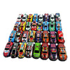 A collection of die-cast mini racing cars in various colors and designs arranged in a row.