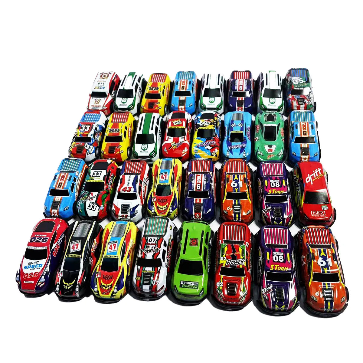 A collection of die-cast mini racing cars in various colors and designs arranged in a row.