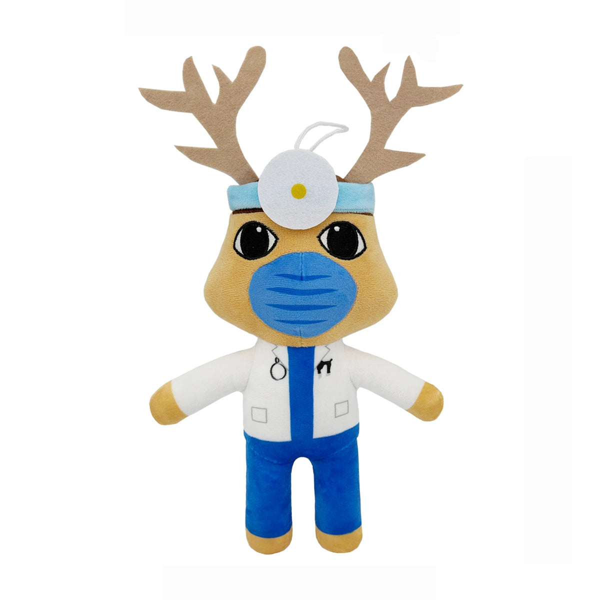 A plush toy set of an animal hospital doctor character with brown antlers, a white stethoscope, and a blue face mask.