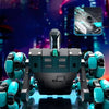 A futuristic RC stunt tank with teal and black components is shown in a dynamic, low-angle shot.