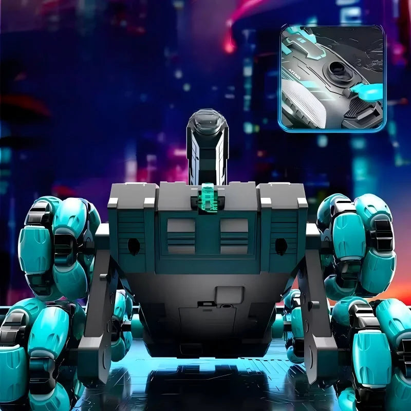 A futuristic RC stunt tank with teal and black components is shown in a dynamic, low-angle shot.