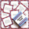 A grid of cards featuring family conversation starter prompts with blue and white text on a red background.