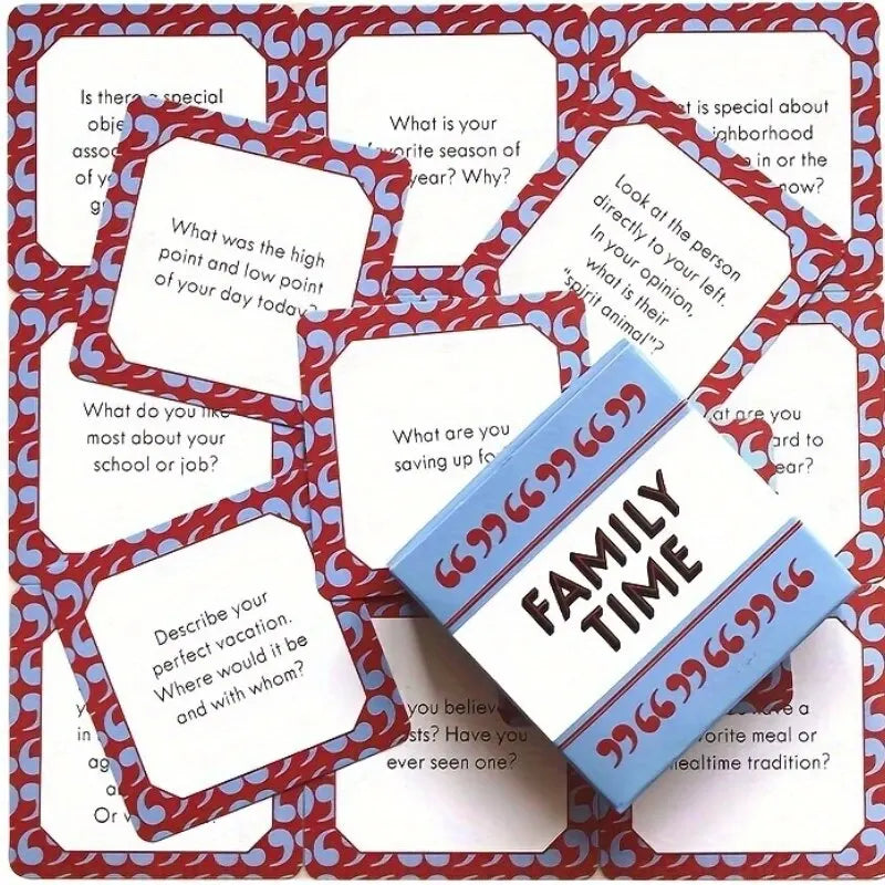 A grid of cards featuring family conversation starter prompts with blue and white text on a red background.