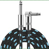 A silver instrument cable with a right-angle connector and a sharp tip is shown against a black woven background.
