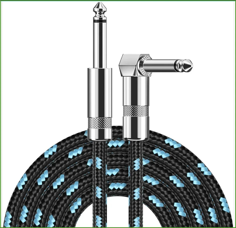 A silver instrument cable with a right-angle connector and a sharp tip is shown against a black woven background.