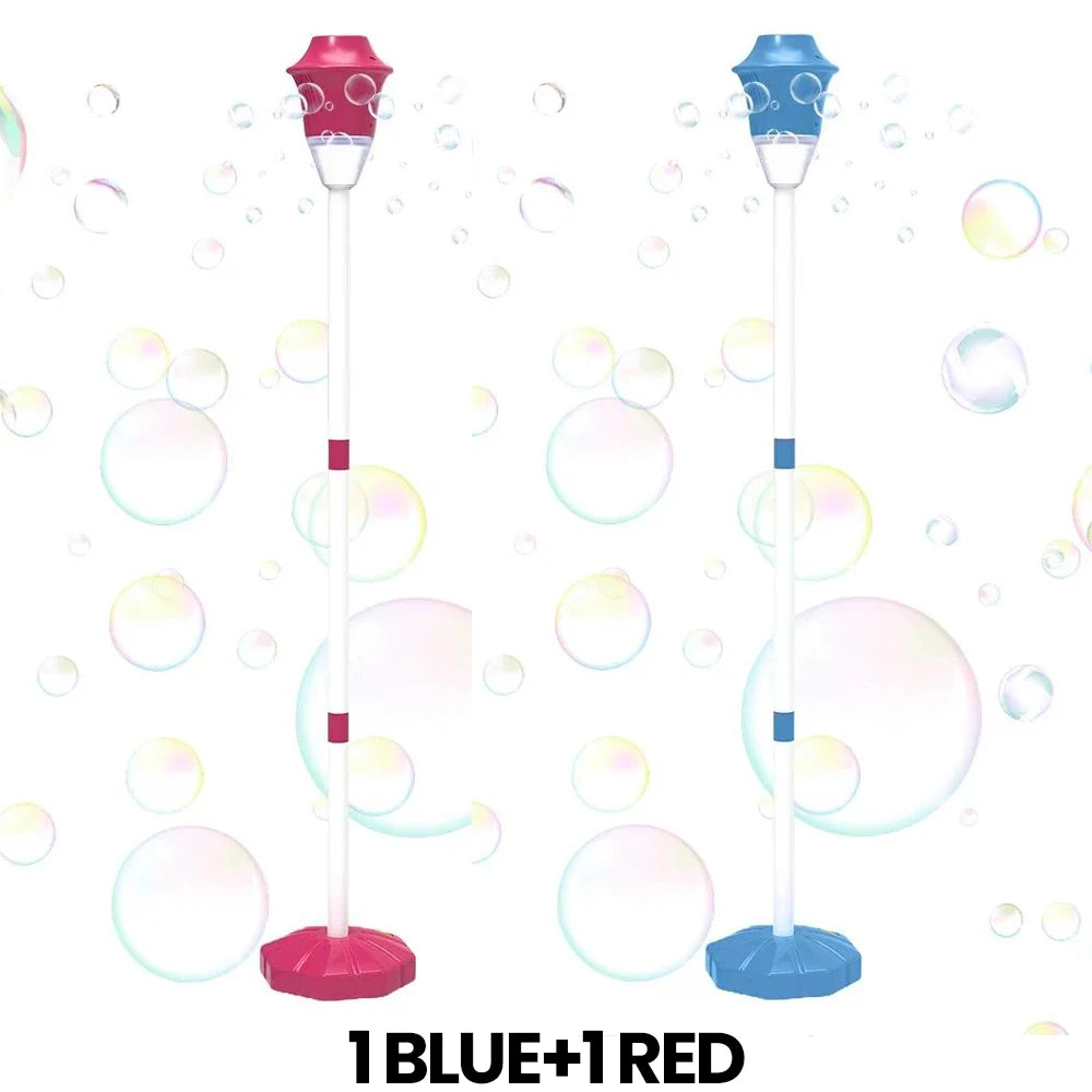 A set of blue and red automatic outdoor bubble machines with lights and music.