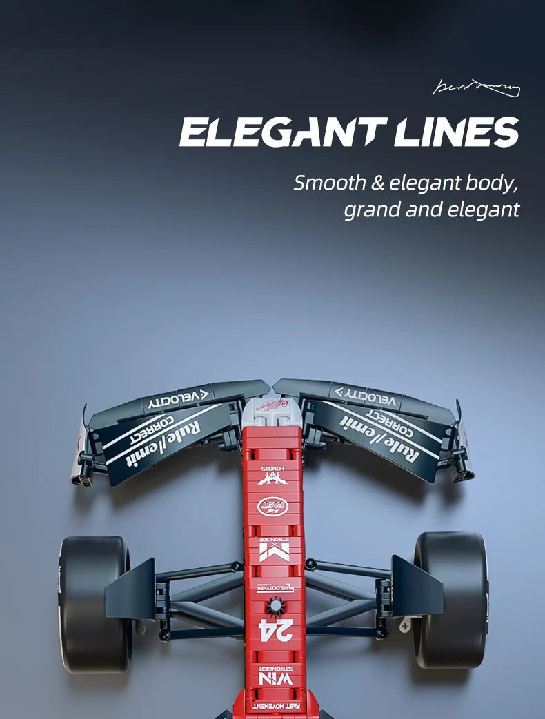 A red 1:8 scale formula racing car building block set with steering and engine linkage components.