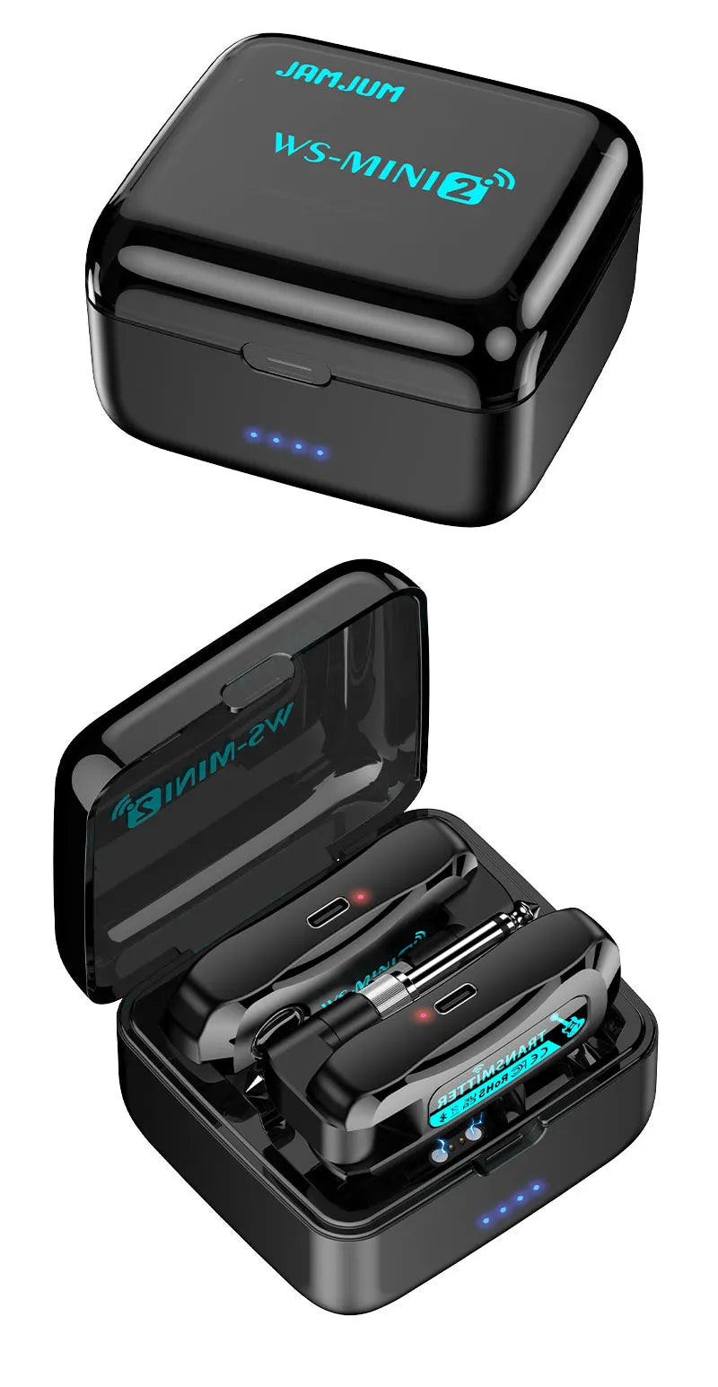 A black JAM.JUM WS-MINI2 wireless guitar system with a transmitter and receiver inside the open case.