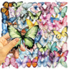 A hand holds a spread of vintage butterfly stickers in various colors and shades.