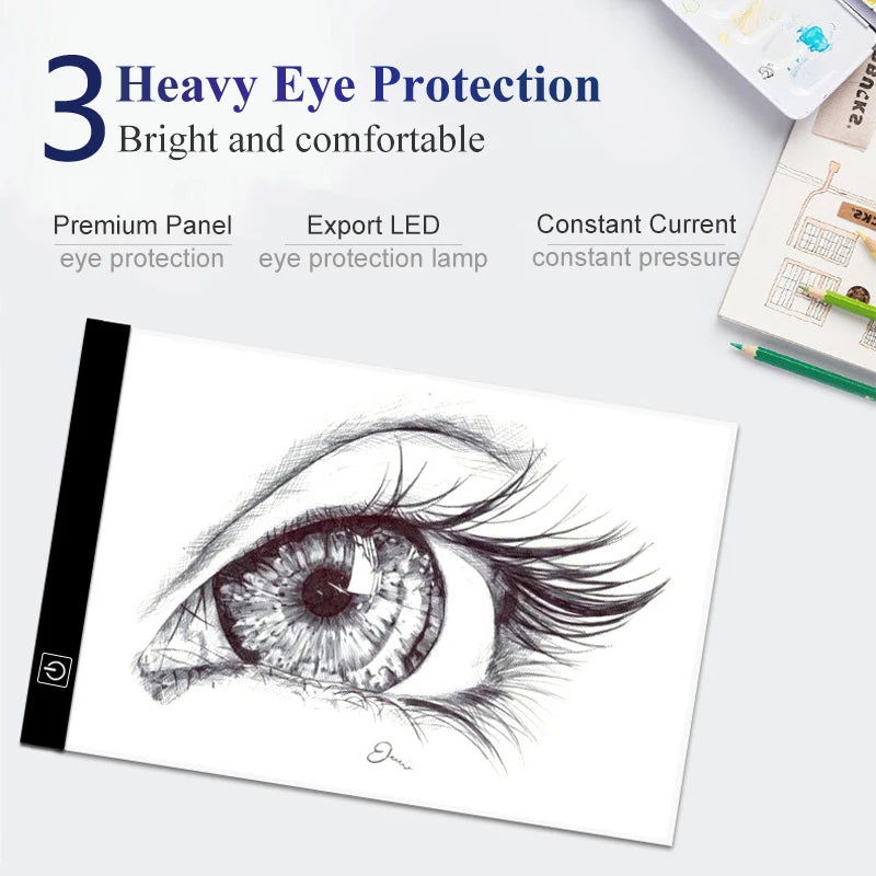 A close-up drawing of an eye on a white pad, illustrating heavy eye protection features.