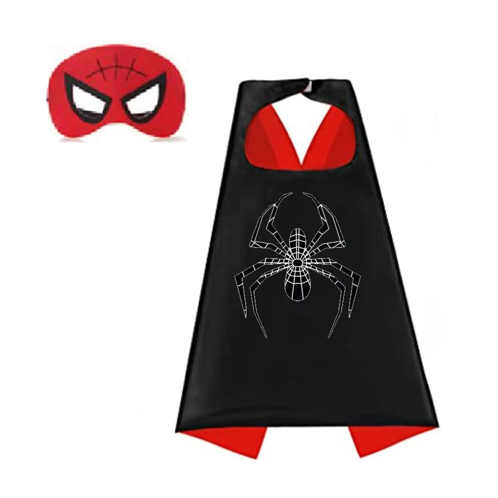 A black superhero cape and mask set with a red spider emblem.