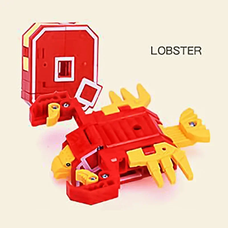 A red and yellow lobster-themed alphabet transformable robot toy set.