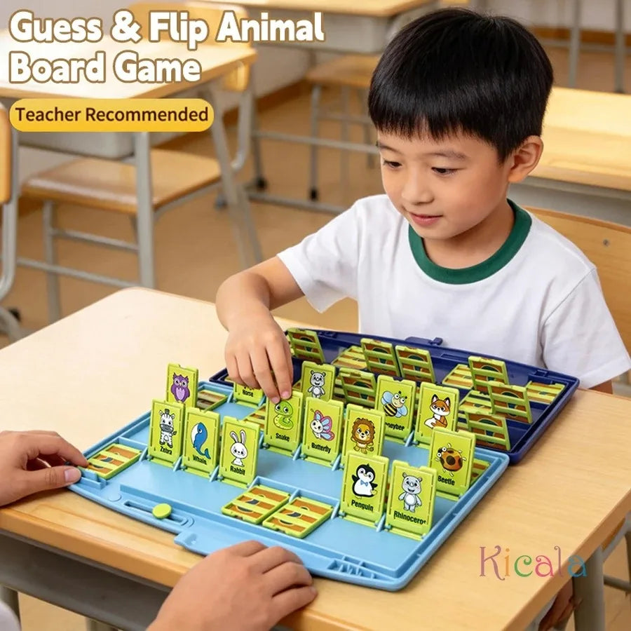 A boy plays with a blue Guess & Flip Animal Board Game on a wooden table.
