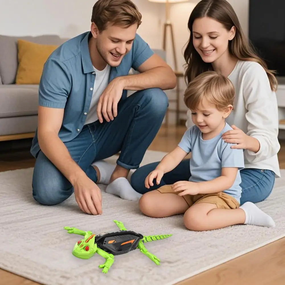 A family is playing on a rug with a green wall-climbing RC gecko toy.