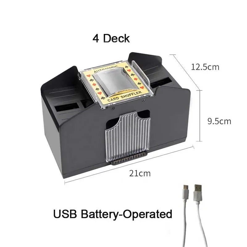 A black deck shuffler device with a card shuffler tray and USB battery power.