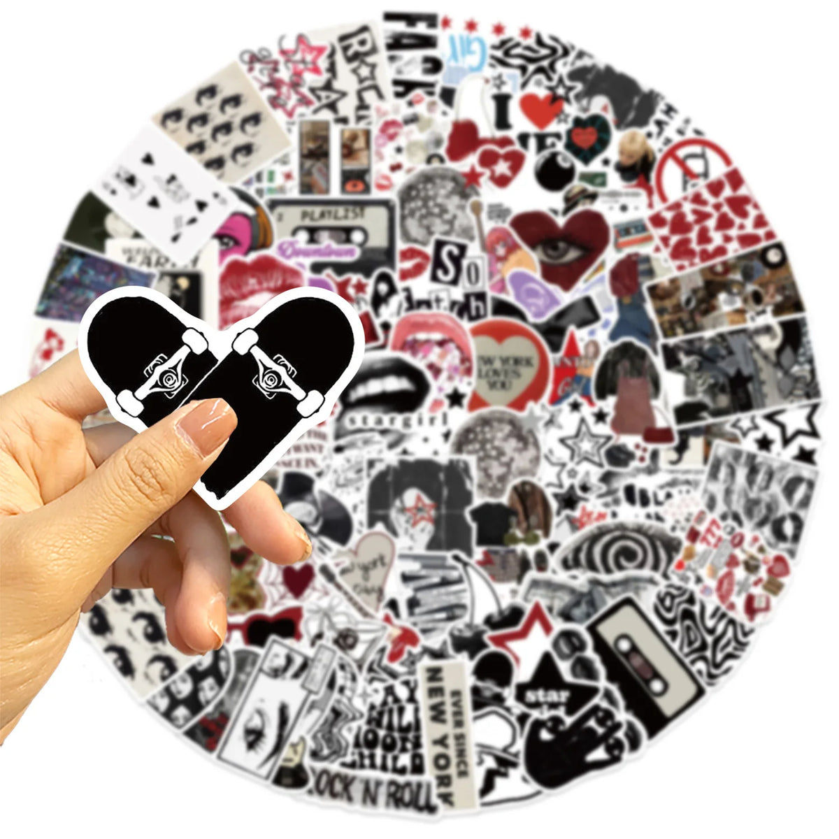 A hand holds a circular arrangement of Y2K retro graffiti stickers for phones and laptops.