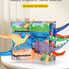 A colorful stack of dinosaur tail cloth books featuring dinosaurs like Pterosauria, Triceratops, and Bacrosaurus.