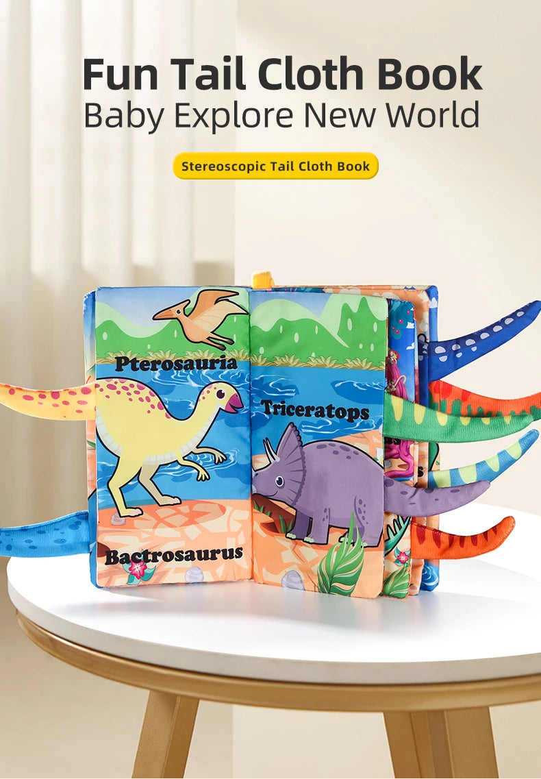 A colorful stack of dinosaur tail cloth books featuring dinosaurs like Pterosauria, Triceratops, and Bacrosaurus.