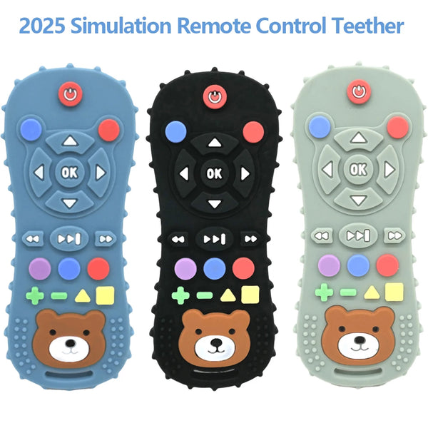 Three silicone remote control teethers in blue, black, and green for baby teethers