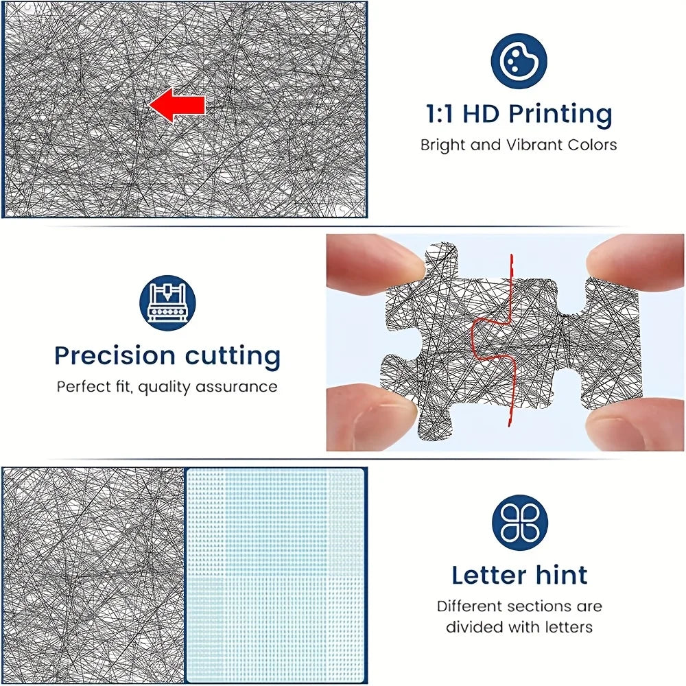 Diagrams illustrating 3D printing features including HD printing, precision cutting, and letter hint sections for a jigsaw pu