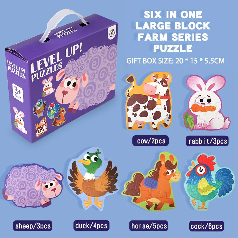 Six in one large block farm series puzzle set featuring various cartoon animals like a cow, rabbit, sheep, duck, horse, and c