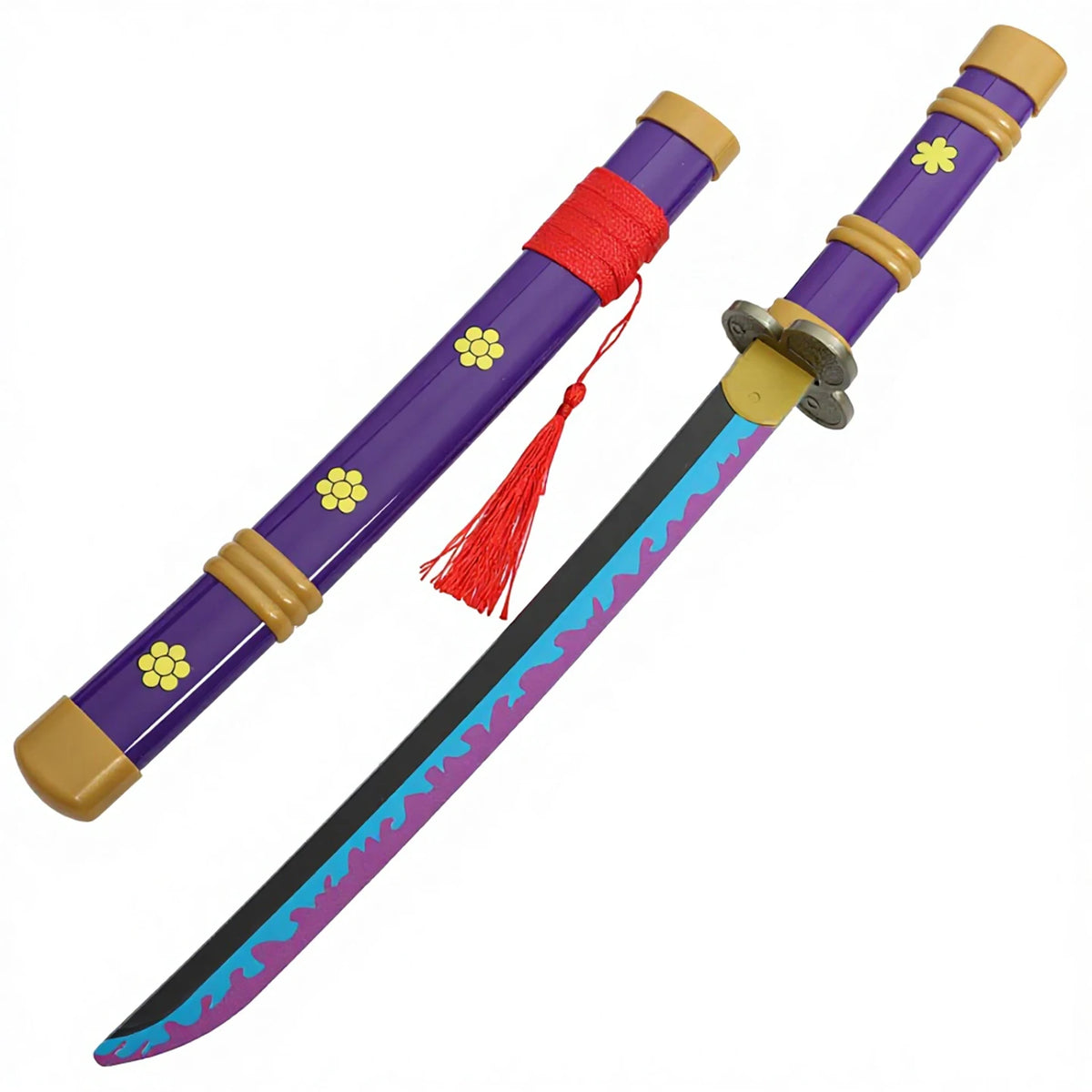 Purple and gold Roronoa Zoro Enma Katana cosplay replica sword with red cord wrapping.