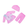 A pink outfit set for a doll featuring a shirt with a cat print and a matching pink hat.