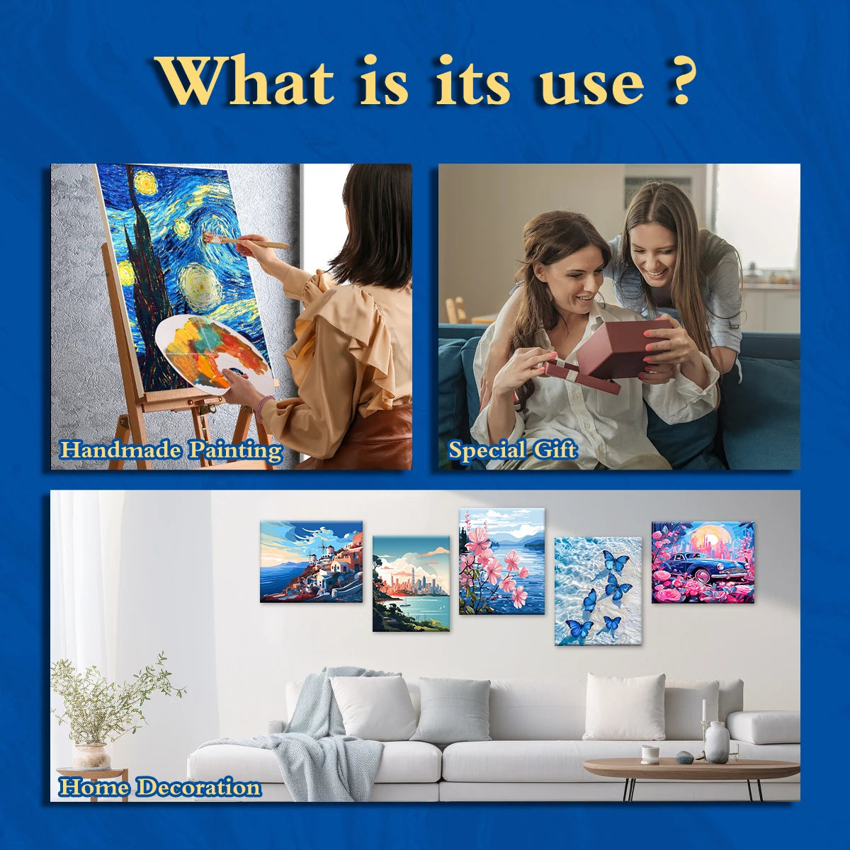 A painting kit showing a purple landscape on canvas, with an adult applying paint to the artwork.