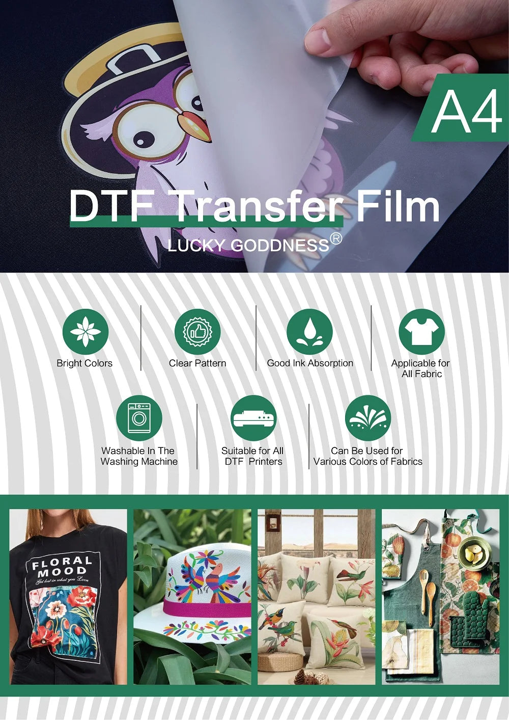 DTF Transfer Film sheets shown next to a hand, demonstrating the film for custom printing on fabric.