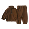 A brown fleece hooded tracksuit set for a child, including a jacket and matching pants.