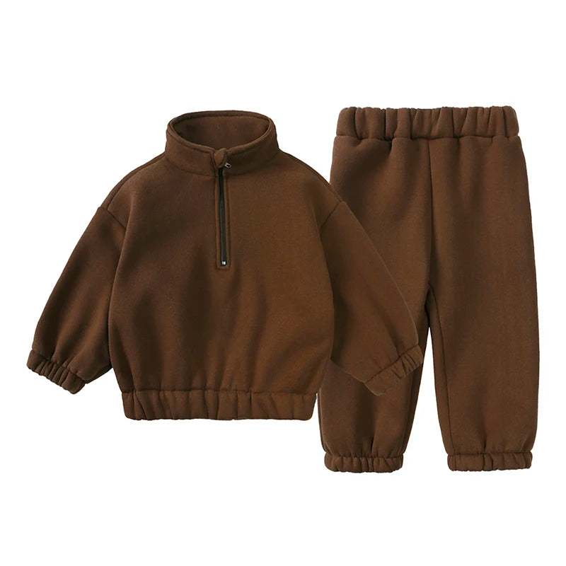 A brown fleece hooded tracksuit set for a child, including a jacket and matching pants.