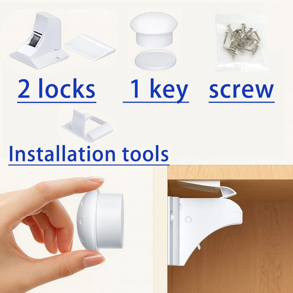 Installation tools for magnetic cabinet and drawer safety locks including two locks, one key, and a screw.