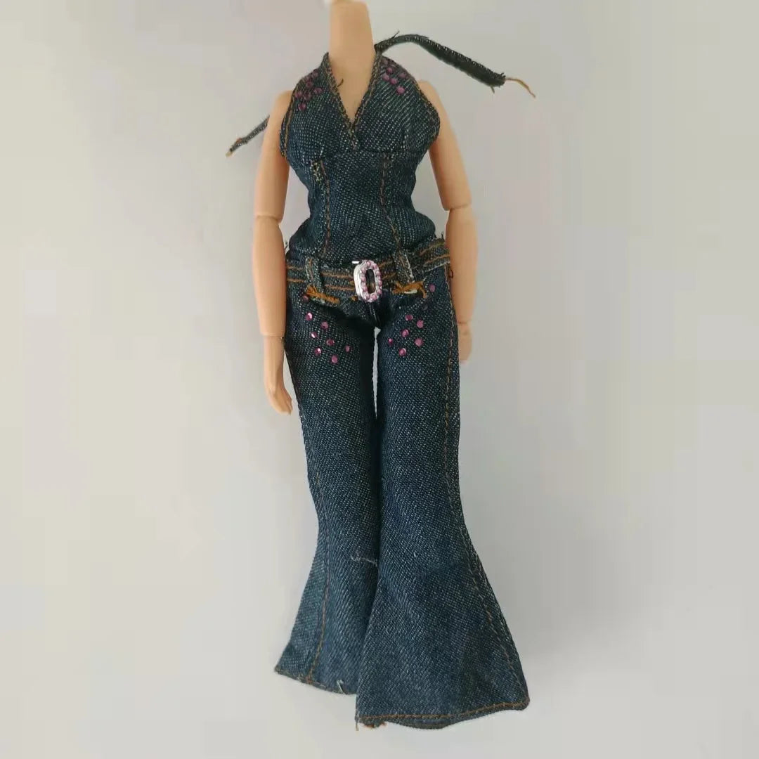 A stylish doll fashion set featuring a dark denim jumpsuit with floral embroidery and a matching scarf.