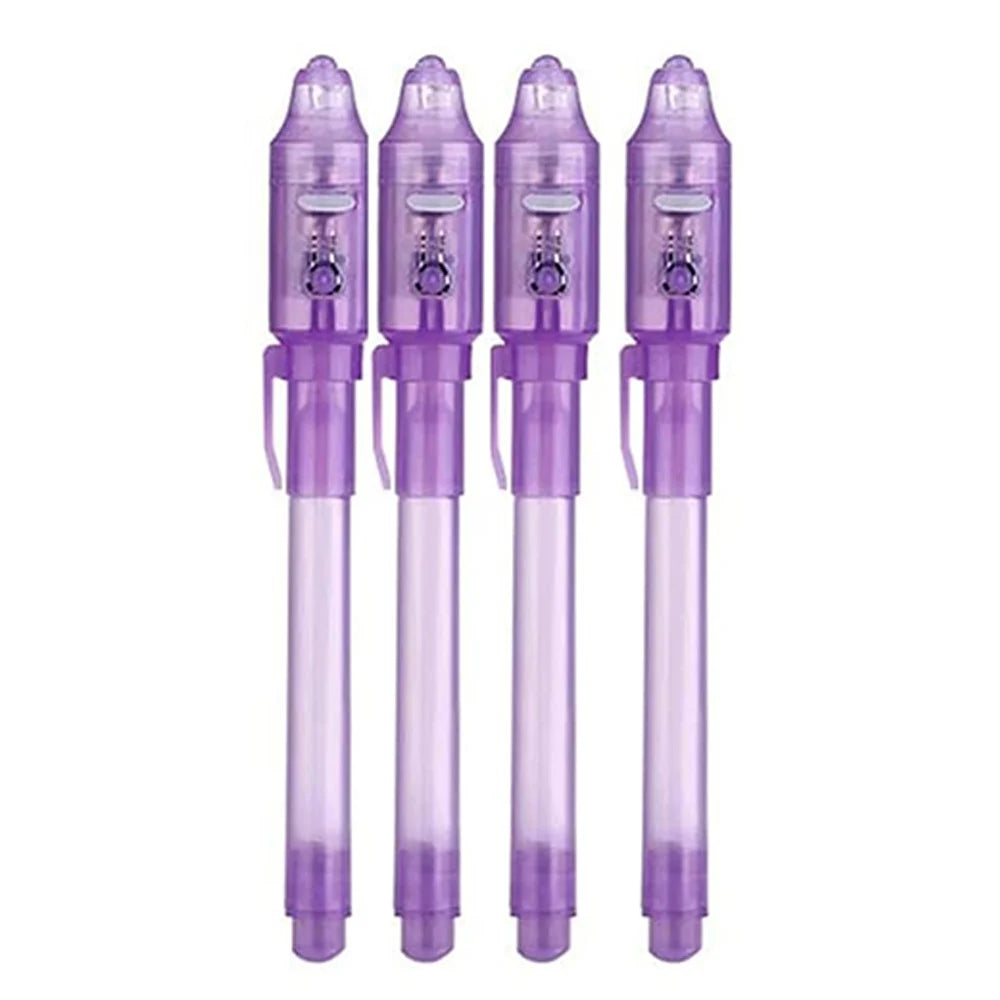 A set of five purple invisible ink spy pens with UV light for secret messages