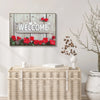 A framed diamond painting featuring the words Welcome on a wooden sign surrounded by red roses and greenery.