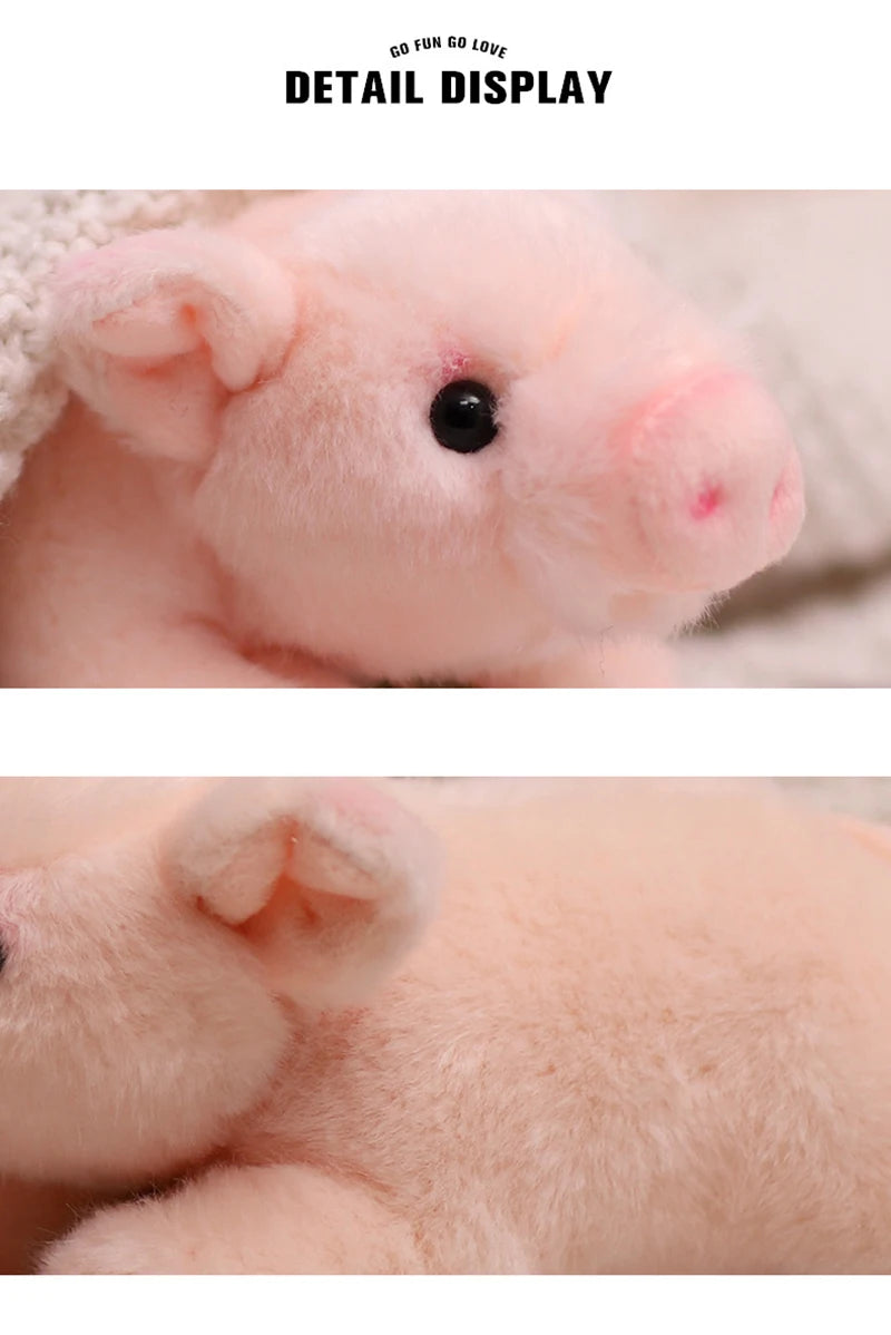 Close-up detail display of a pink plush pig stuffed animal showing its soft texture and features.
