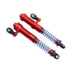 A set of red aluminum shock absorbers with coiled springs and mounting hardware for RC crawlers