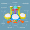An interactive kids drum set featuring light-up pads, microphones, and various drumsticks for musical play.