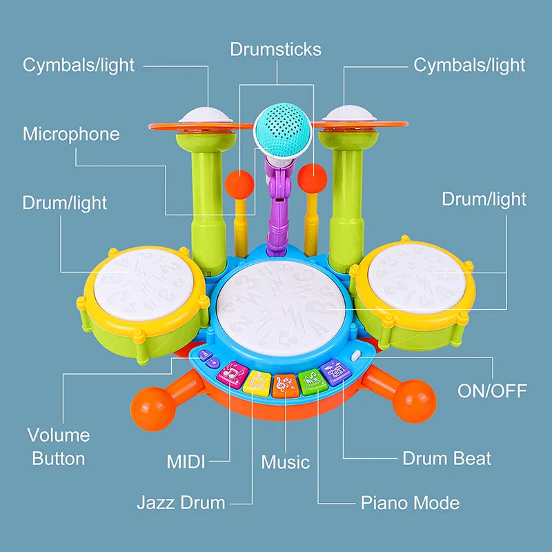 An interactive kids drum set featuring light-up pads, microphones, and various drumsticks for musical play.