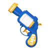 A blue mini water blaster pistol with a yellow trigger and nozzle is shown against a white background.