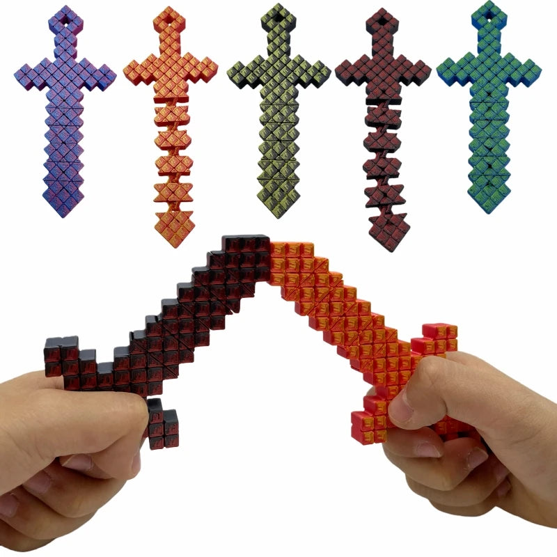 A hand holds a pixel art extendable sword with interlocking joints, showing various colors and designs.
