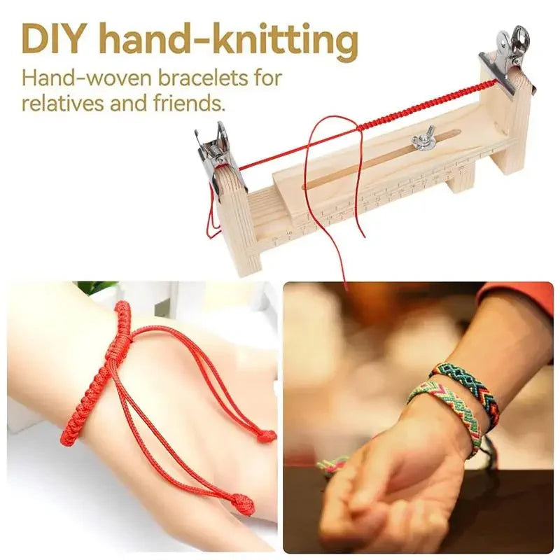 A hand-woven bracelet is being made on a wooden jig using clips and string.