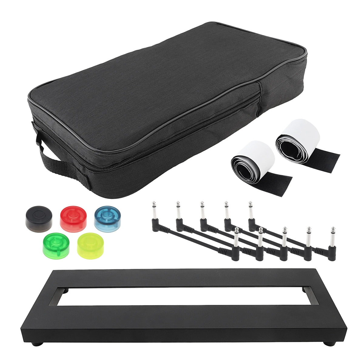 Black aluminum guitar pedalboard with a padded carry bag and cables.