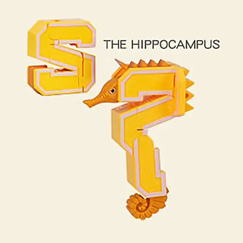 A yellow alphabet letter S shaped like a hippocampus, part of the Alphabet Transformable Robot Toy Set.