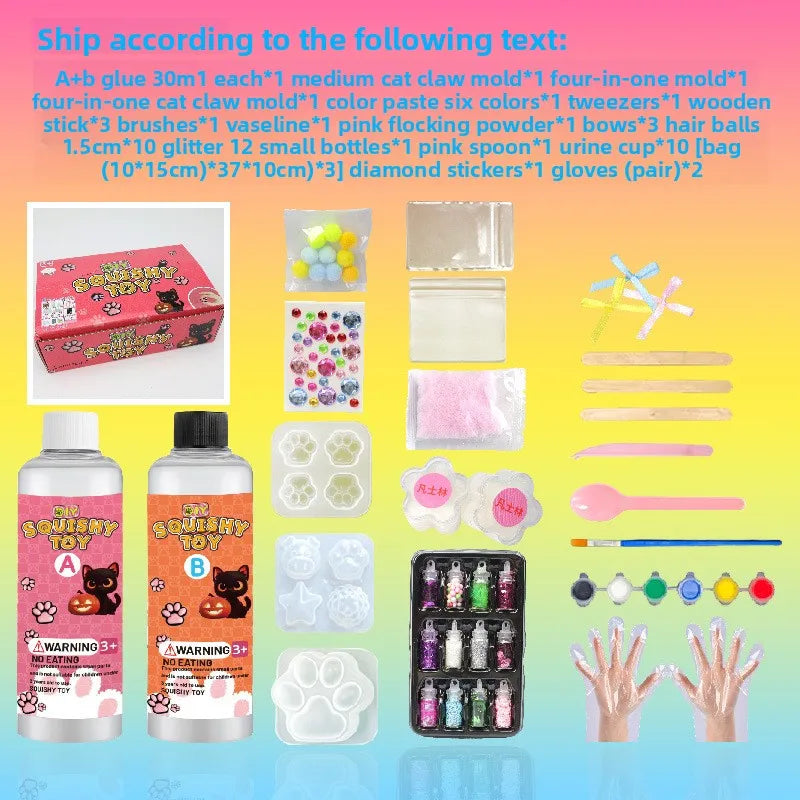 A collection of DIY squishy making kit components including liquid gel, silicone molds, and various accessories for crafting.