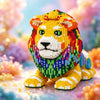 A detailed micro building block set shaped like a majestic lion in yellow, orange, and green colors.