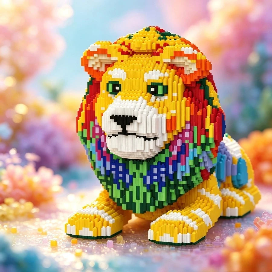 A detailed micro building block set shaped like a majestic lion in yellow, orange, and green colors.
