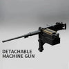 A black detachable machine gun mounted on a long barrel, shown against a gray background.
